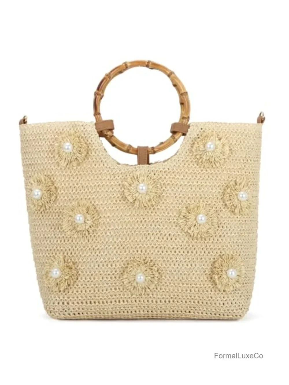 SUKUTU Flower Pearls Straw Tote Bag Women Summer Beach Woven Top Handle Handbag